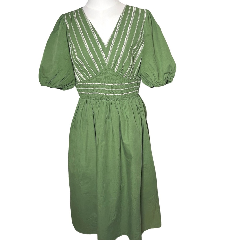 Gilli‎ Smocked Midi Dress Green Cotton Embroidered Cottagecore Womens L